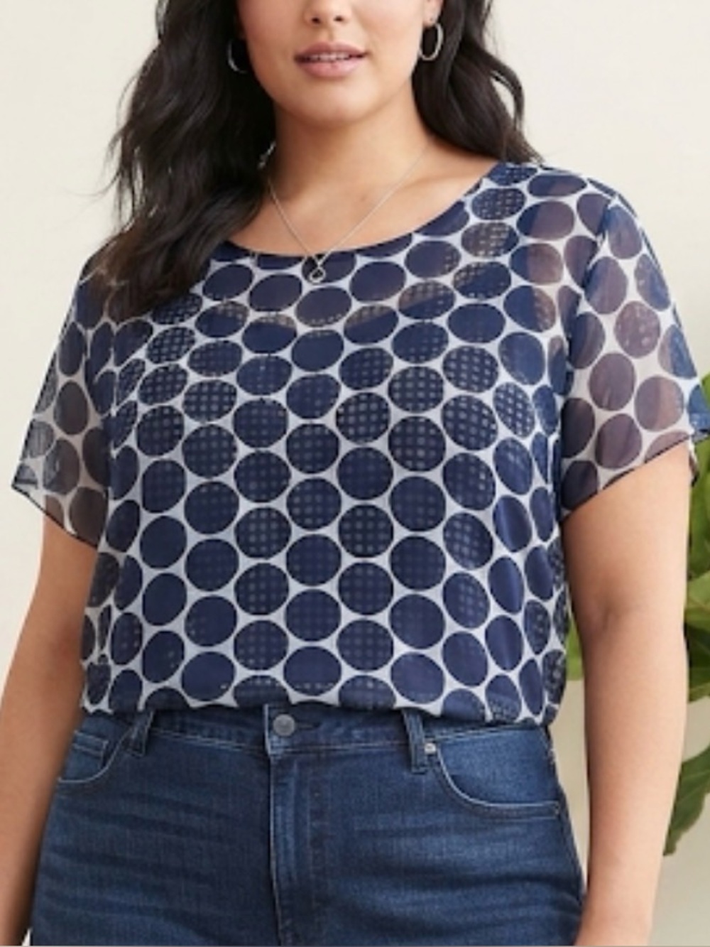 Polka Dot Perfection: Lane Bryant Navy & White Sheer-Overlay Top size 14/16